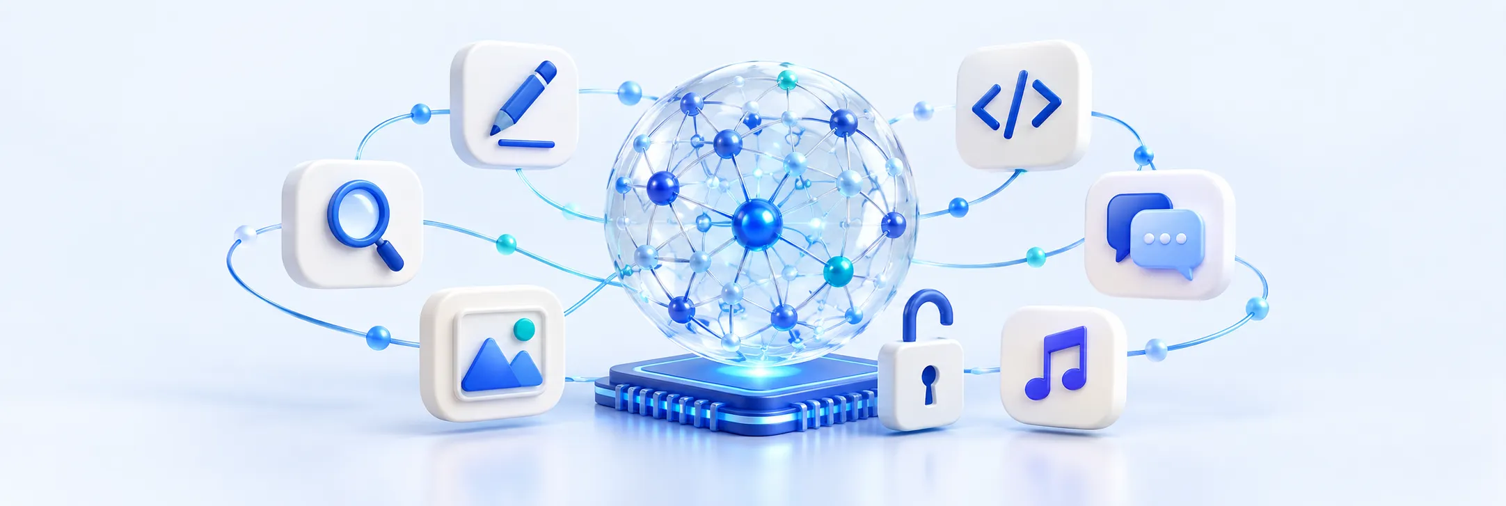 Rede neural azul conectada a ferramentas de escrita, pesquisa, programação, imagens, música e conversa, com um cadeado aberto simbolizando acesso à IA.