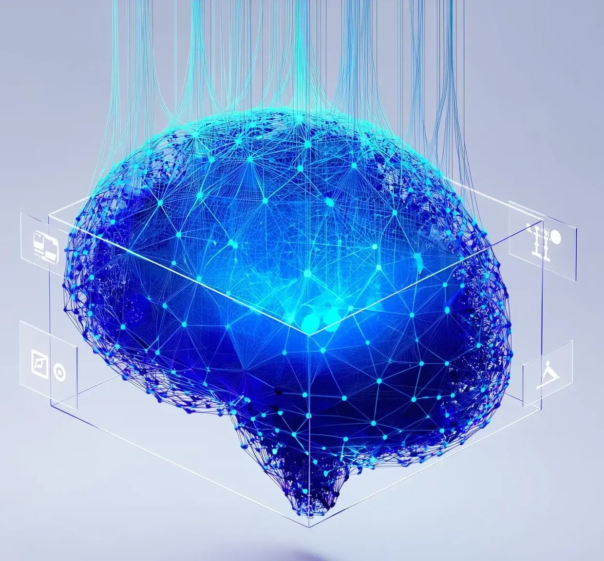 Ilustração de um cérebro digital azul formado por uma rede de nós conectados, representando a inteligência artificial